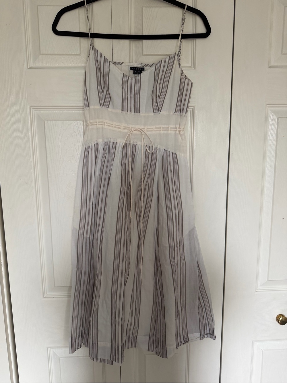 Theory White and Gray Striped Midi Spaghetti Strap Dress
